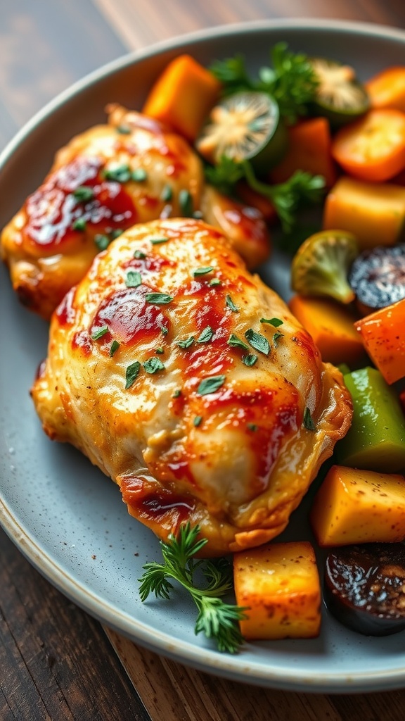 Crispy air fryer chicken thighs served with roasted vegetables on a plate.